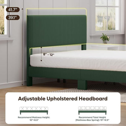 Bestier Queen Platform Bed Frame with Headboard LED Light,Upholstered,Green | No Squeaks,Easy Assembly,LED Lighting Headboard,Vertical Channel Corduroy Upholstered,Wood Slats Support,No Box Spring Needed