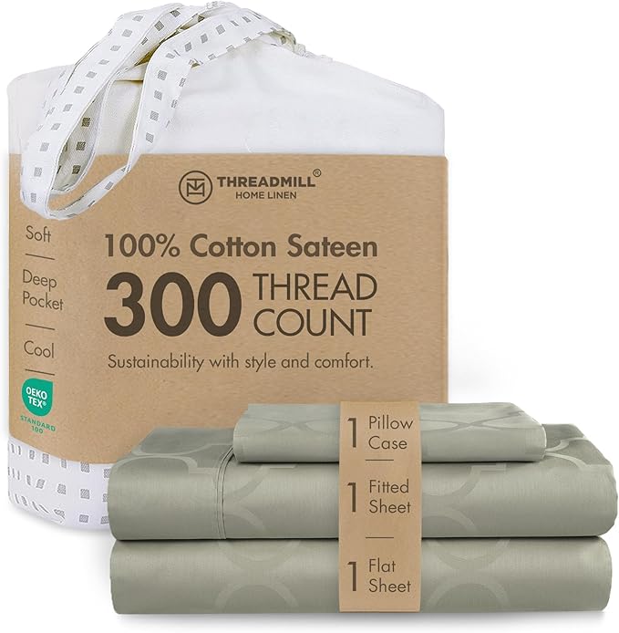 Threadmill Cotton Twin Sheet Set | 100% Cotton Sheets for Twin Size Bed | Damask Jacquard Sateen Twin Bed Sheets Set with 16” Deep Pocket | Soft Breathable 3-Piece Cooling Sheet Set | Sage