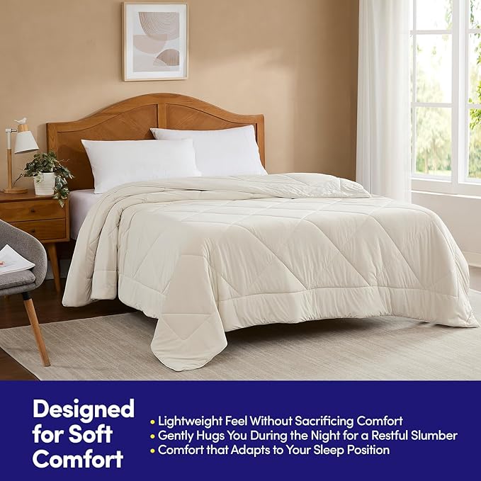 Oversized Cooling Comforter King/California King – Reversible Diamond-Quilted Comforter with Elegant Trim – Lightweight Breathable Blanket for Hot Sleepers, Night Sweats & All-Season Comfort, Beige