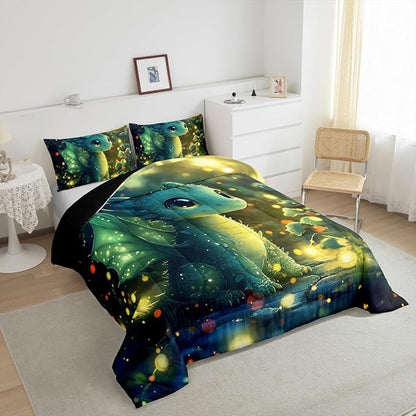 Feelyou Dragon Comforter Set King Size Dragon Stuff Comforter for Boys Girls Teens Kawaii Bedding Set Dragon Decor Duvet Set Room Decor Bright Green Quilt Set