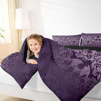 Feelyou Gothic Damask Print Comforter Set Toddler Size Purple Goth Bat Victorian Floral Bedding Set for KidsBoho Bohemian Exotic Duvet Quilt Bedroom Decor Microfiber 2 Pcs with 1 Pillow Cases
