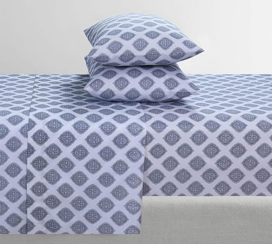 Feather & Stitch Softest 100% Cotton Sheets, 300 Thread Count Percale Weave Bedding, 16" Deep Pocket, Cooling Sheets, Breathable Bed Set, Hotel Premium Quality (Queen,Diamond)