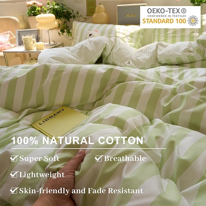 EAVD Green Striped Duvet Cover Queen Soft Washed Microfiber Chic Vertical Striped Bedding Set with 2 Pillowcases Reversible Farmhouse Geometric Duvet Cover with Zipper Closure