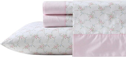 Laura Ashley - Queen Sheet Set, Crisp & Cool Cotton Percale Bedding with Deep Pockets, Lightweight for Year Round Comfort, Bed Sheets with Matching Pillowcases (Lynda Pink)