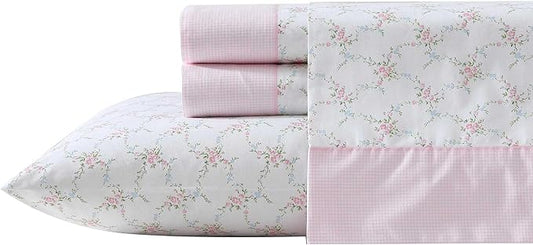 Laura Ashley - Queen Sheet Set, Crisp & Cool Cotton Percale Bedding with Deep Pockets, Lightweight for Year Round Comfort, Bed Sheets with Matching Pillowcases (Lynda Pink)
