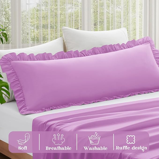 KKJIAF Ruffle Body Pillow Cases Set of 1, Ruffled Pillow Covers with Envelope Closure, Wrinkle Resistant Ruffled Long Pillow Shams 20" x 54", Lavender