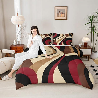 Red Brown Spiral Toddler Comforter for Adult Women Men Modern Swirls Stripes Abstract Bedding Set for Minimalists Boho Aesthetic Geometric Bed Sets Graffiti Art Lines Quilt Duvet Insert