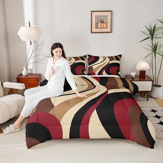 Red Brown Spiral Toddler Comforter for Adult Women Men Modern Swirls Stripes Abstract Bedding Set for Minimalists Boho Aesthetic Geometric Bed Sets Graffiti Art Lines Quilt Duvet Insert