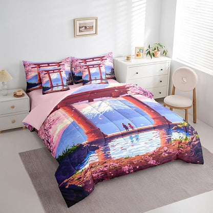 jejeloiu Pink Japan Bedding Set 7Pcs Queen Size Kids Anime Mount Fuji Comforter Set with Sheets for Boys Girls Pixel Bed in a Bag Soft Lightweight,Microfiber