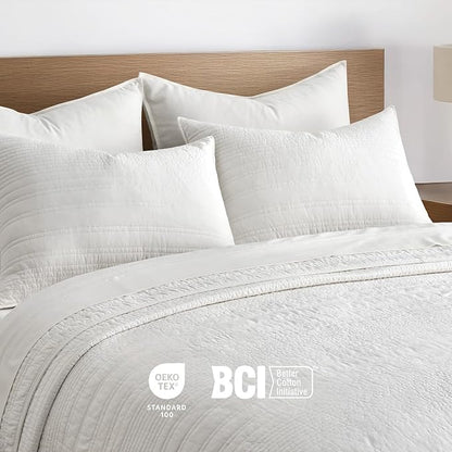 EVERGRACEHOME 100% Cotton Modern Lines Quilt Set King Size, Pre-Washed Soft Striped Coverlet Bedspread, 3 Piece Lightweight Bedding Set for All Season, with 2 Pillow Shams, Bright White