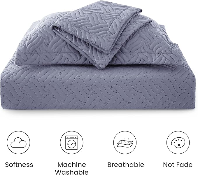 Love's cabin Quilts for Queen Bed Bluish Grey Bedspreads Bedding Set - Summer Lightweight Bedspread Comforter - Wave Pattern Bedding Coverlet for All Season - 3 Pieces (1 Quilt, 2 Pillow Shams)