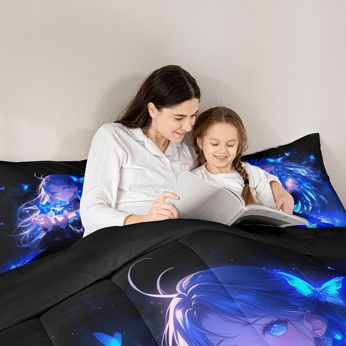 Erosebridal 3D Japanese Girl Kids Comforter Set | Blue Butterfly Decorations Bedding Full Size Cartoon Down Comforter Anime Gifts for Her Duvet Set for Bedroom
