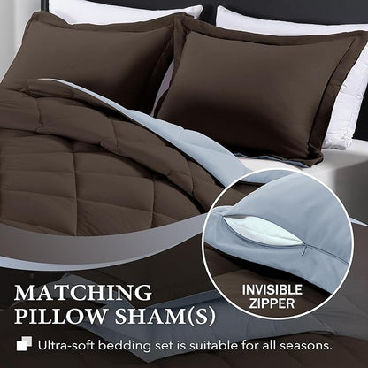 downluxe Queen Comforter Set - Brown and Blue Queen Comforter, Soft Bedding Sets for All Seasons -3 Pieces - 1 Comforter (88"x92") and 2 Pillow Shams(20"x26")