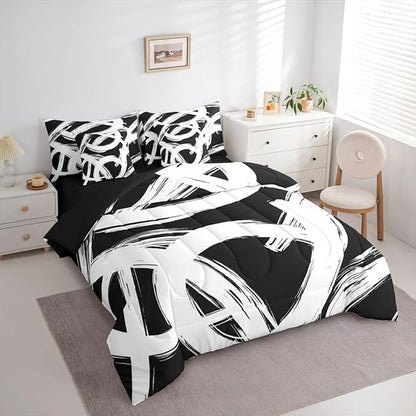 Erosebridal White Black Abstract 7 Piece Comforter Set Full Geometric Simple Sketch Bedding Set Modern Graffiti Minimalist Line Comforter Cool Unique Fashion Sheet Set Contemporary Room Decor