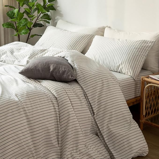 MooMee Bedding Pillowcases Striped Pack of 2 100% Washed Cotton Linen Like Textured Breathable Durable Soft Comfy (White Dark Grey Wide Stripes, Standard)