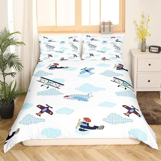 Castle Fairy Kids Aircraft Bedding Set Boys Teens Airplanes Duvet Cover Set Blue White Clouds Comforter Cover Chic Gingham Bedspread Cover Bedroom Quilt Cover 3Pcs King with 2 Pillowcase,No Comforter