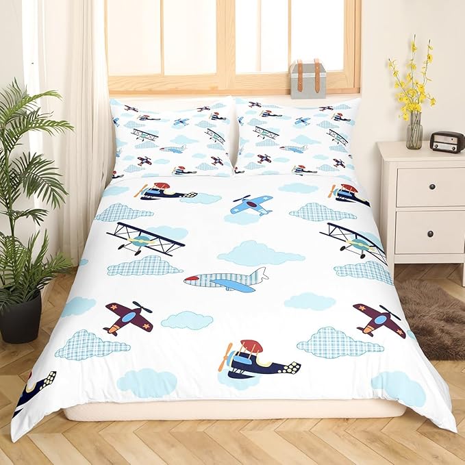 Castle Fairy Kids Aircraft Bedding Set Boys Teens Airplanes Duvet Cover Set Blue White Clouds Comforter Cover Chic Gingham Bedspread Cover Bedroom Quilt Cover 3Pcs Full with 2 Pillowcase,No Comforter