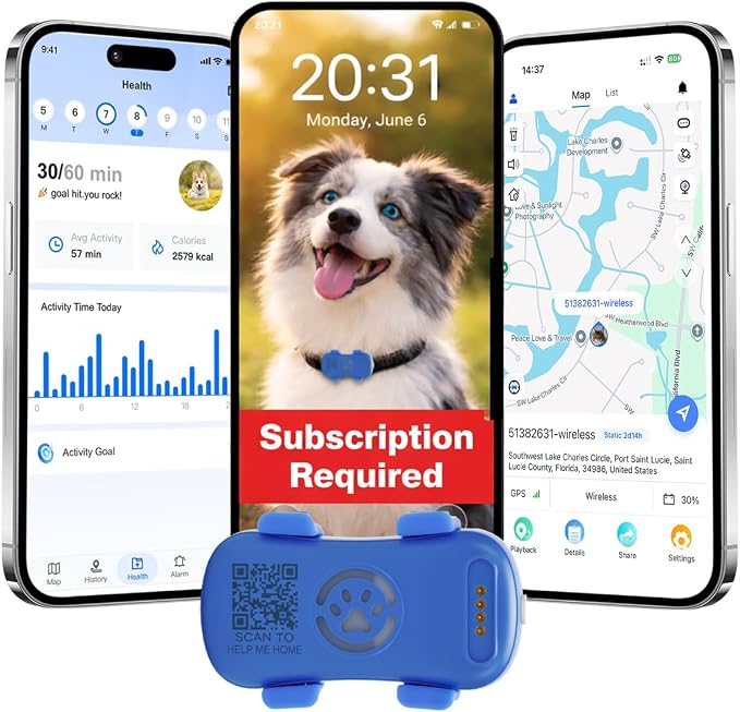 Pet GPS Tracker for Dogs Real Time Tracking, Subscription Required | Lightweight IP65 Waterproof, Fit Most Collar, Activity & Wellness monitoring, Geo-fence Alert, Double Anti-lost