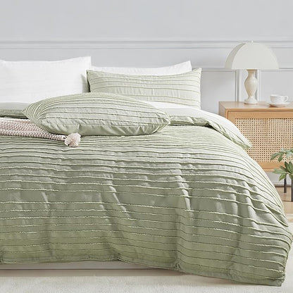 NEXHOME PRO Duvet Cover Queen,3 Pieces Boho Tufted Duvet Cover Set, Soft and Lightweight 100% Washed Microfiber Comforter Cover Set for All Season(Sage Green,90 x 90)-No Comforter