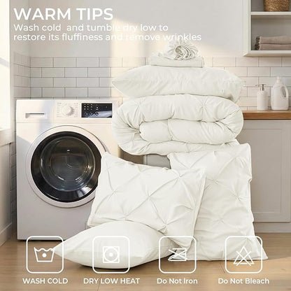 Sasttie King Size Comforter Set, 7-Piece Bed in a Bag, Pintuck Bedding Set for All Season, Includes Comforter, Flat Sheet, Fitted Sheet, Pillowcases and Pillowshams, Ivory