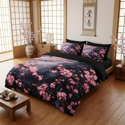 Japanese Cherry Blossoms Comforter Set King Size, Pink Black Farmhouse Country Bedding Set for Adult Women, 3Pcs Soft Microfiber Quilted Set with 2 Pillowcases, 104"x90"