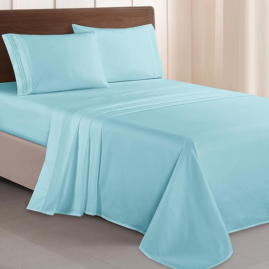 Elegant Comfort Luxurious 1500 Premium Hotel Quality Microfiber Three Line Embroidered Softest 4-Piece Bed Sheet Set, Wrinkle and Fade Resistant, King, Aqua Blue