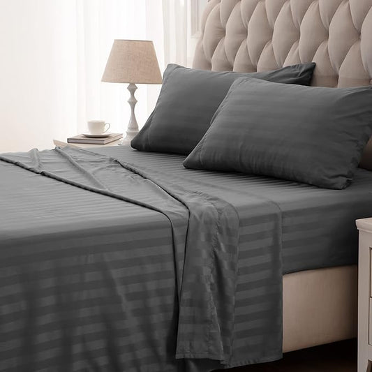 SLEEP ZONE Striped Cooling Queen Sheets Set - Fitted Flat Sheet & Pillowcase Sets 4 Piece - Super Soft Stripe Bed Sheet, Easy Care, Deep Pocket (Gray, Queen)