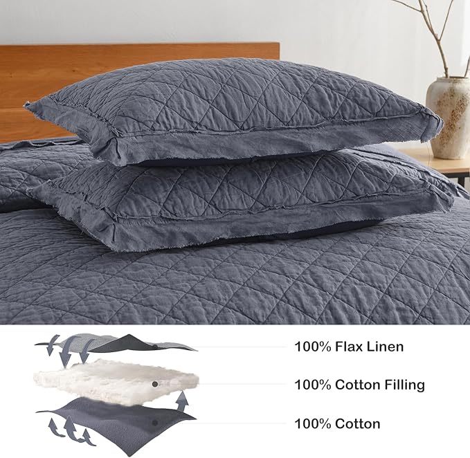 HORIMOTE HOME 100% Linen Front/100% Cotton Back Quilt Set King Size, Steel Blue Pre-Washed European Flax Linen Quilt, Diamond Stitch Bedspread Coverlet Bedding Set 3-Piece for All Seasons