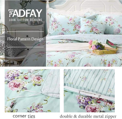 FADFAY Cotton Duvet Cover Set Full Size Blue Floral Bedding Set Super Soft Purple Hydrangea Flower Print Reverse to Striped Zipper Bed Cover French Countryside Girls Bedding 3 Pcs, Full