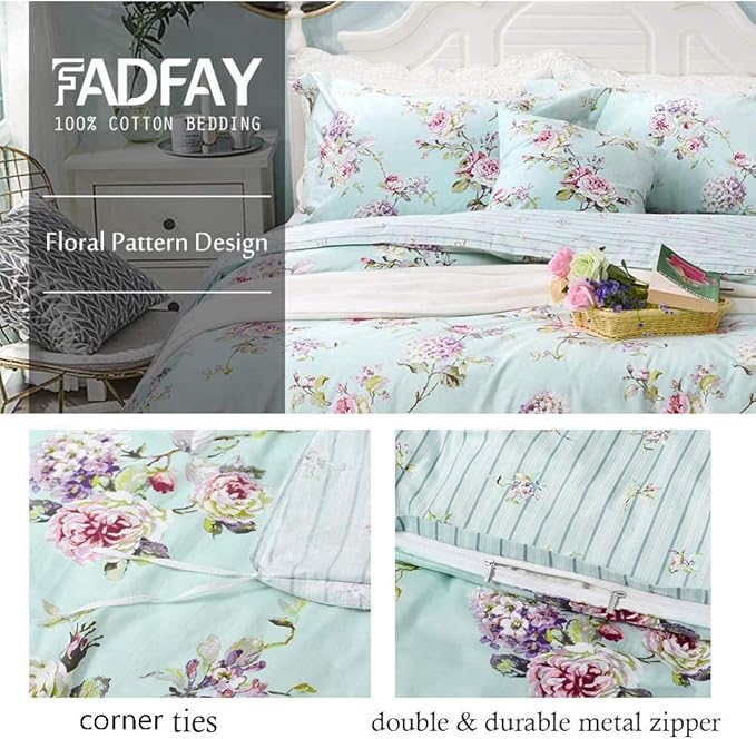 FADFAY Shabby Vintage Duvet Cover Twin XL Dorm Bedding Fashionable Rose and Hydrangea Flower 100% Cotton Soft Reversible Hidden Zipper Closure Farmhouse Quilt Cover Set 3 Piece -（No Filling）