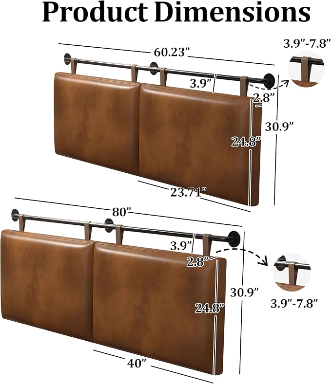 BSHOMGI Queen Headboard, Hanging Headboards with Brown Faux Leather Industrial Pipe Modern Style Only for Bed Backboard Headboards for Queen Size Bed