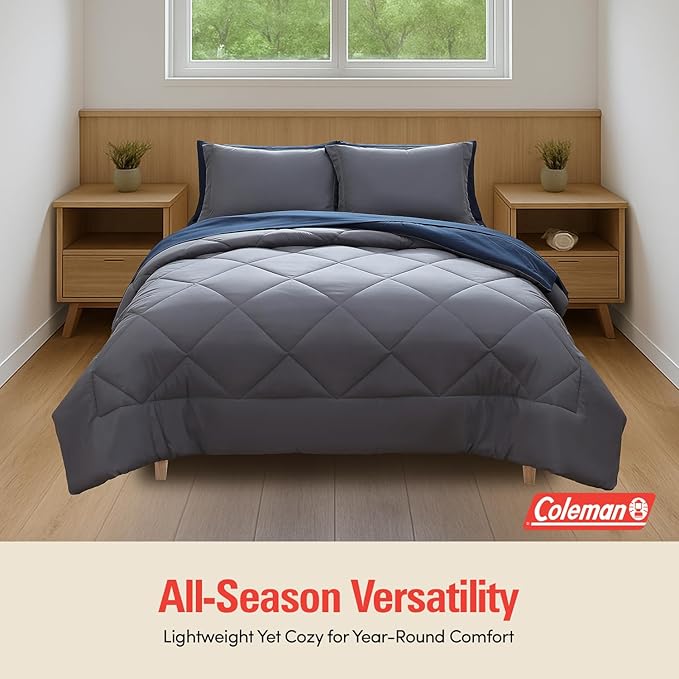 Coleman Twin Comforter Set Reversible Bed-in-a-Bag– Double-Sided Color Options, All-Season Comforter + Shams + Sheets – Perfect for Home, Cabin or Camp Use, Navy/Gray