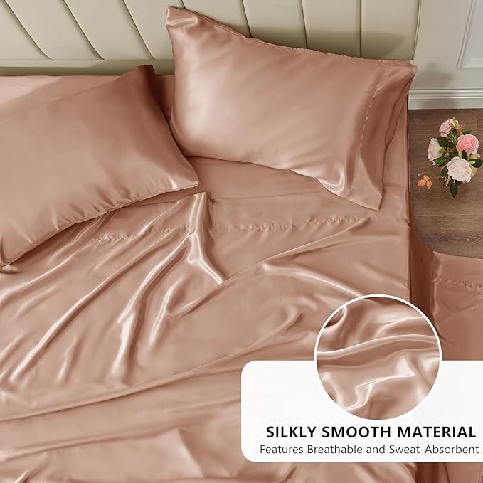 CozyLux Satin Sheets Queen Size Bed Set - 4 Piece Silky Queen Sheet Set, Luxury Salmon Pink Queen Sheets with Smooth and Soft Microfiber, Includes 1 Fitted Sheet, 1 Flat Sheet and 2 Pillowcases