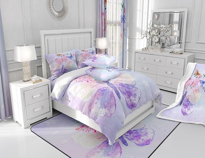 Purple Butterfly Bedding Set Kids Girls Butterflies Duvet Cover Set Daisy Flowers Comforter Cover Set Rustic Flying Animal Bedspread Cover Bedroom Quilt Cover King with 2 Pillowcase,No Comforter