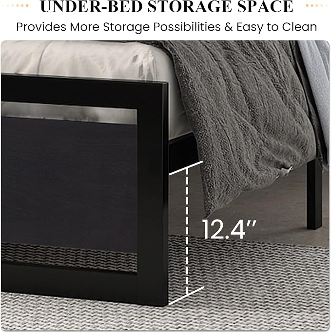 SHA CERLIN Heavy Duty Queen Size Bed Frame with Modern Headboard, Black | Platform Metal Base with Square Footboard and 13 Strong Slats Support, No Box Spring Needed