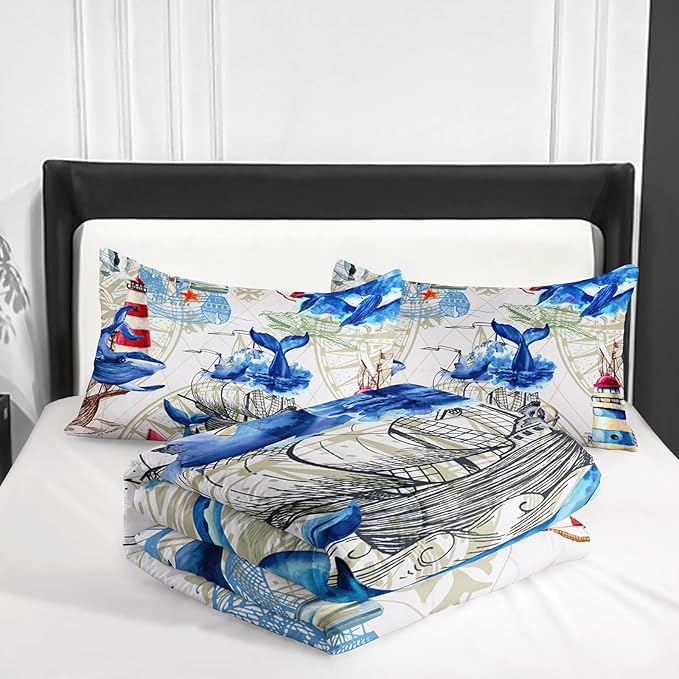Nautical Whale Comforter Set King,Blue Whale Ocean Lighthouse 3 Pieces Bedding Set for Kids Boys Teens,Vintage Nautical Map Microfiber Lightweight Quilt Bedroom Decor with 2 Pillow Cases