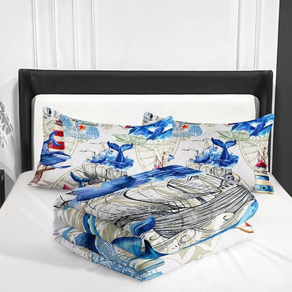 Nautical Whale Comforter Set King,Blue Whale Ocean Lighthouse 3 Pieces Bedding Set for Kids Boys Teens,Vintage Nautical Map Microfiber Lightweight Quilt Bedroom Decor with 2 Pillow Cases