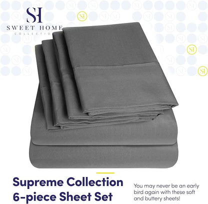 Sweet Home Collection 6 Piece 1500 Supreme Collection Brushed Microfiber Deep Pocket Sheet Set-2 Extra Pillow Cases, Great Value, Rv Short Queen, Gray
