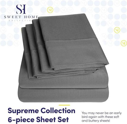 Sweet Home Collection 6 Piece 1500 Supreme Collection Brushed Microfiber Deep Pocket Sheet Set-2 Extra Pillow Cases, Great Value, Rv Short Queen, Gray