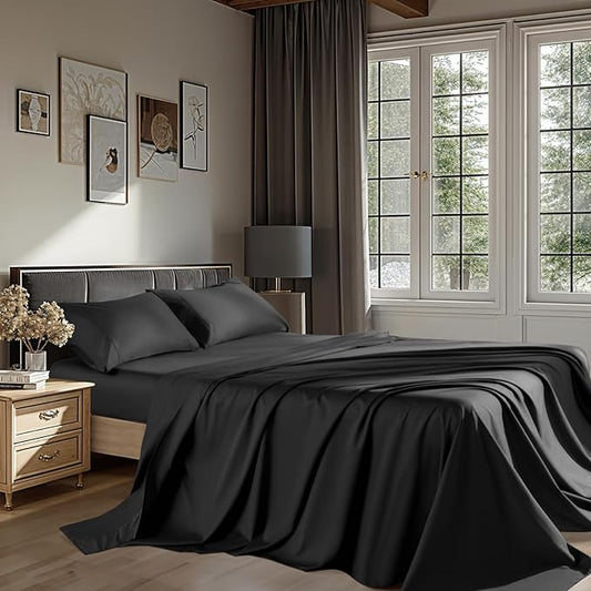 100% Egyptian Cotton Sheets 1200 Thread Count Queen Size Bedding Sets 4 Pcs, Fitted Sheet Up to 16" Deep Breathable All Seasons (Queen, Black)