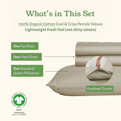 California Design Den Twin Size Sheets Set - Soft 100% Organic Bed Sheets with Deep Pockets, Crisp Percale, Breathable and Durable Bedding Set - Warm Taupe