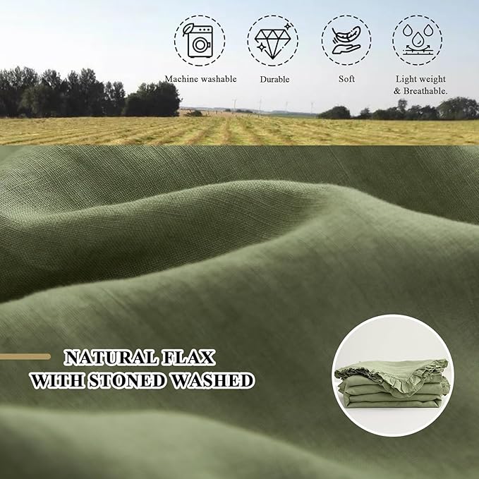 Simple&Opulence 100% Linen Duvet Cover Set, 3 PCS Natural French Flax Sage Green Ruffle Duvet Cover Queen Size, Breathable Comfy Linen Bedding Comforter Cover with 2 Pillowcases(Sage Green, 88" X 92")