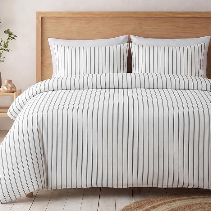 Bedbay Cotton Striped Duvet Cover Set King Size, Black & White Minimal Bedding Set, 100% Cotton Sateen,Soft Breathable Hotel Style Comforter Cover with Zipper Closure & Corner Ties