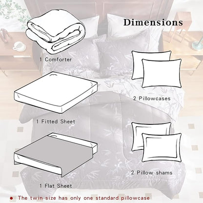 7 PC Bed in a Bag Queen Comforter Set w/ Sheets & Pillowcases, Black Leaves Botanical Design Lightweight Bedding for All Season (1 Comforter, 2 Pillow Shams, 1 Fitted Sheet, 2 Pillowcases)