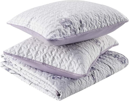 Comfort Spaces Reversible Quilt Set-Vermicelli Stitching Design All Season, Lightweight, Coverlet Bedspread Bedding, Matching Shams, Full/Queen (90 in x 90 in), Kate Floral Purple 3 Piece