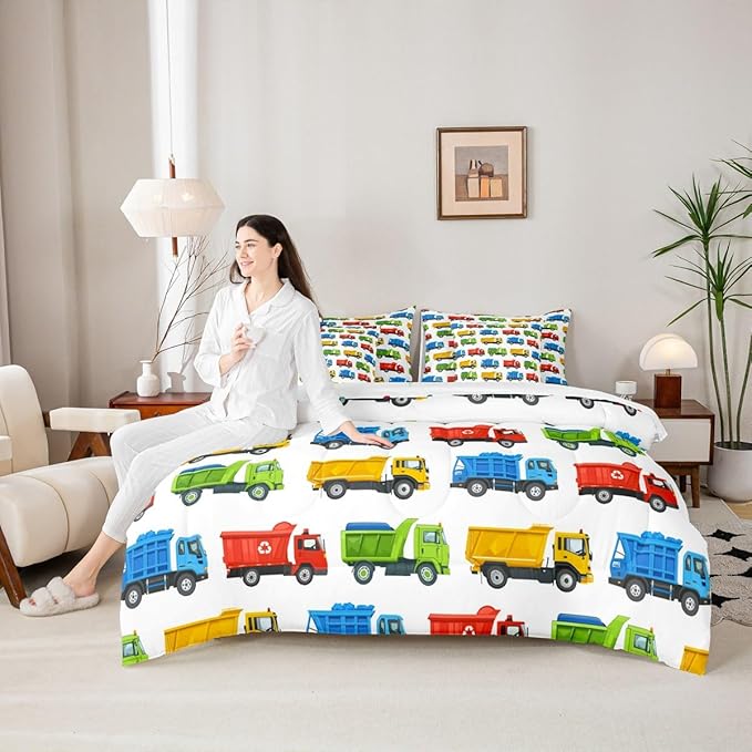 Colorful Garbage Truck Comforter Set 7 Pcs Trash Trucks Decorative Bedding Sets Cartoon Car Recycling Truck Bed in a Bag with Comforter Flat Sheet Fitted Sheet 2 Pillowcases 2 Pillow Covers,Full
