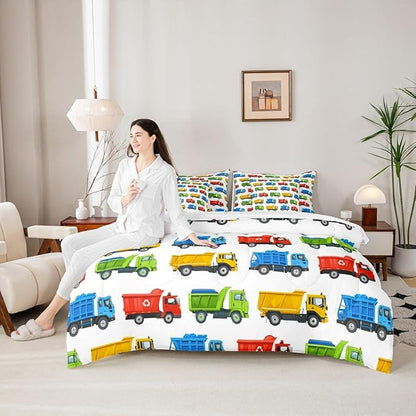 Colorful Garbage Truck Bedding Sets 7 Pcs Cartoon Car Recycling Truck Comforter Set Trash Trucks Decorative All Season Comforter Flat Sheet Fitted Sheet 2 Pillowcases 2 Throw Pillow Covers,Queen