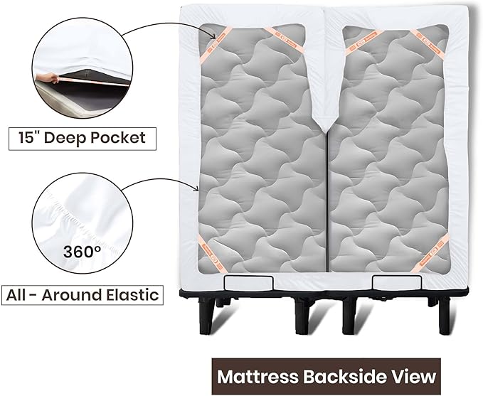 SGI bedding Adjustable Split Head Flex Top Cal King 28" Microfiber Sheet Set – Ultra Soft, Cooling & Deep Pocket 15” Fitted, 4-Piece Breathable & Durable Bedding Set for Split Cal King Beds -White