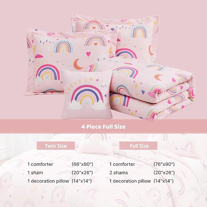 Full Size Comforter Set for Girls-4 Pieces Pink Rainbow Glow in the Dark Full Bedding Sets for Kids, 1 Comforter, 2 Shams and 1 Decor Pillow