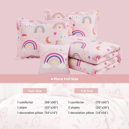 Full Size Comforter Set for Girls-4 Pieces Pink Rainbow Glow in the Dark Full Bedding Sets for Kids, 1 Comforter, 2 Shams and 1 Decor Pillow